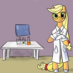 Size: 600x600 | Tagged: safe, artist:hudoyjnik, artist:synch-anon, applejack, earth pony, pony, g4, bipedal, chemistry, clothes, crossed hooves, female, lab coat, safety goggles, solo