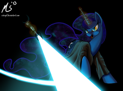 Size: 1000x741 | Tagged: safe, artist:ciscoql, princess luna, alicorn, pony, g4, crossover, energy weapon, female, glowing horn, hooves, horn, levitation, lightsaber, magic, mare, open mouth, solo, star wars, telekinesis, weapon