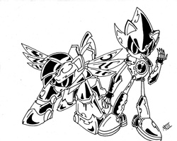 Size: 1000x800 | Tagged: safe, artist:maroxxiii, rainbow dash, g4, crossover, metal dash, metal sonic, monochrome, sonic the hedgehog, sonic the hedgehog (series), traditional art