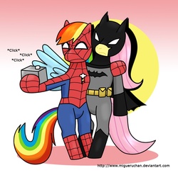 Size: 1018x1005 | Tagged: safe, artist:migueruchan, fluttershy, rainbow dash, pegasus, pony, g4, batman, bipedal, crossover, dc comics, flutterbatman, male, marvel, selfie, spider-man