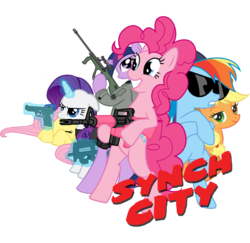 Size: 999x970 | Tagged: safe, artist:synch-anon, applejack, fluttershy, pinkie pie, rainbow dash, rarity, twilight sparkle, g4, ar-15, aug, crossover, five-seven, glasses, gun, magic, p90, pistol, rifle, sin city, submachinegun