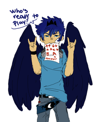 Size: 519x643 | Tagged: safe, artist:techtechno, princess luna, human, gamer luna, g4, askequestrianboys, devil horn (gesture), front view, humanized, konami code, mouth hold, prince artemis, rule 63, simple background, solo, white background, winged humanization