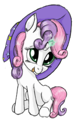 Size: 395x573 | Tagged: safe, artist:synch-anon, sweetie belle, pony, unicorn, g4, female, filly, foal, hat, horn, magic, simple background, sitting, solo, tongue out, transparent background