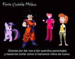 Size: 480x379 | Tagged: safe, twilight sparkle, g4, adventure time, arturo castañeda, carla castañeda, dragon ball, dragon ball z, linda flynn-fletcher, male, mario castañeda, phineas and ferb, prince gumball, rommy mendoza, son goku, spanish, voice actor, voice actor joke