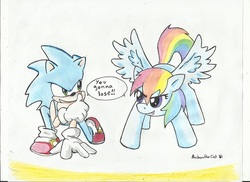 Size: 702x510 | Tagged: safe, artist:anibaruthecat, rainbow dash, g4, crossover, male, sonic the hedgehog, sonic the hedgehog (series), traditional art