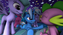 Size: 3840x2160 | Tagged: dead source, safe, artist:udacom, aloe, cloudchaser, flitter, lotus blossom, spike, trixie, dragon, pony, g4, 3d, female, harem, lucky bastard, male, mare, ship:flitterspike, ship:spikechaser, shipping, source filmmaker, spike gets all the mares, spixie, straight, swag