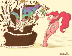 Size: 3300x2550 | Tagged: safe, artist:evilscribbles, pinkie pie, princess celestia, alicorn, earth pony, pony, g4, cake, cakelestia, food, messy, popping out of a cake, prank, surprised, trollestia