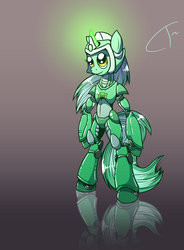 Size: 1024x1395 | Tagged: safe, artist:cybertoaster, lyra heartstrings, pony, unicorn, semi-anthro, g4, armor, bipedal, crossover, female, glowing, glowing horn, horn, mega man (series), megaman x, megamare x, ponified, smiling, solo