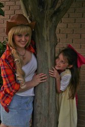 Size: 1024x1536 | Tagged: safe, artist:shelbeanie, apple bloom, applejack, human, g4, cosplay, cowboy hat, hat, irl, irl human, jewelry, necklace, photo, roundcon, target demographic