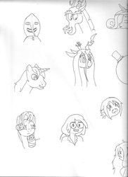 Size: 762x1048 | Tagged: safe, artist:cujo-the-cat, discord, queen chrysalis, rarity, shining armor, g4, adventure time, fionna the human, lemongrab, male, marceline, monochrome, princess bubblegum, traditional art