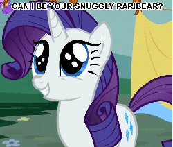 Size: 735x625 | Tagged: safe, edit, edited screencap, screencap, rarity, pony, unicorn, g4, animated, bronybait, cute, dilated pupils, eye shimmer, female, grin, image macro, imma snuggle you, looking up, mare, raribear, raribetes, smiling, solo, squee, standing