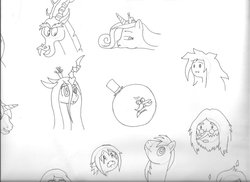 Size: 1024x745 | Tagged: safe, artist:cujo-the-cat, big macintosh, discord, princess cadance, queen chrysalis, earth pony, pony, g4, adventure time, male, marceline, monochrome, pops maellard, simon petrikov, sketch dump, stallion, traditional art