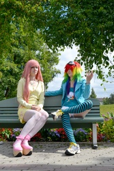 Size: 3072x4608 | Tagged: safe, artist:kiosa, fluttershy, rainbow dash, human, g4, cosplay, irl, irl human, photo