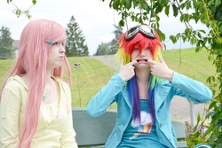 Size: 4608x3072 | Tagged: safe, artist:kiosa, fluttershy, rainbow dash, human, g4, cosplay, irl, irl human, photo