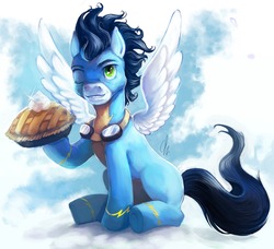 Size: 1280x1166 | Tagged: safe, artist:eiolf, soarin', pegasus, pony, g4, goggles, male, pie, sitting, smiling, solo, spread wings, stallion, that pony sure does love pies, wings, wink