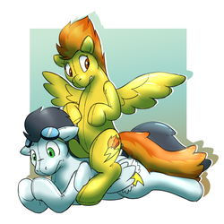 Size: 1200x1200 | Tagged: safe, artist:rawr, soarin', spitfire, inflatable pony, g4, cute, floppy ears, frown, gritted teeth, inanimate tf, inflatable, looking back, pool toy, prone, sitting, spread wings, wavy mouth, wonderbolts
