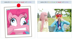 Size: 534x284 | Tagged: safe, fluttershy, pinkie pie, rainbow dash, human, g4, cosplay, exploitable meme, faic, irl, irl human, juxtaposition, juxtaposition win, meme, photo