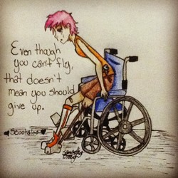 Size: 612x612 | Tagged: safe, artist:flutterdash777, scootaloo, human, g4, amputee, female, humanized, prosthetic leg, prosthetic limb, prosthetics, scootasad, solo, wheelchair