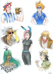 Size: 2481x3451 | Tagged: safe, artist:laurippo, big macintosh, daring do, discord, flim, fluttershy, queen chrysalis, spitfire, g4, bunny ears, clothes, dangerous mission outfit, hoodie, humanized, sketch dump, traditional art