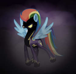 Size: 1183x1146 | Tagged: safe, artist:myhysteria, rainbow dash, g4, clothes, costume, female, goggles, shadowbolt dash, shadowbolts, shadowbolts costume, smiling, smirk, solo