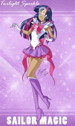 Size: 1693x2850 | Tagged: safe, artist:shinta-girl, twilight sparkle, human, g4, boots, dark skin, female, high heel boots, humanized, sailor magic, sailor moon (series), sailor senshi, sailor twilight, shoes, solo, thigh boots