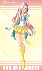 Size: 1693x2850 | Tagged: safe, artist:shinta-girl, fluttershy, human, g4, boots, female, high heel boots, humanized, sailor kindness, sailor moon (series), sailor senshi, shoes, solo, thigh boots