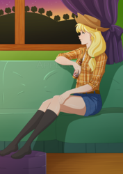 Size: 2059x2912 | Tagged: safe, artist:apple-cake, applejack, human, g4, clothes, couch, female, humanized, missing shoes, sitting, socks, solo, sunset, watermark