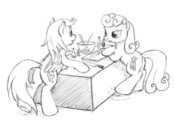 Size: 1900x1358 | Tagged: safe, artist:dahtamnay, carrot top, derpy hooves, golden harvest, earth pony, pegasus, pony, g4, bowl, butt, carrot, cooking, female, knife, mare, monochrome, plot