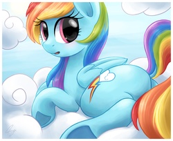 Size: 2460x2010 | Tagged: safe, artist:steffy-beff, rainbow dash, pegasus, pony, g4, cloud, cloudy, cute, dashabetes, female, high res, looking at you, looking back, looking back at you, on a cloud, solo
