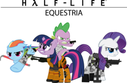 Size: 4751x3093 | Tagged: safe, artist:hivelordlusa, rainbow dash, rarity, spike, twilight sparkle, dragon, pegasus, pony, unicorn, g4, armor, clothes, cover art, crossover, fanfic art, fanfic cover, female, gun, half-life, half-life: equestria, horn, ihavenoideahowtoratethis, male, mare, simple background, soldier, transparent background, unicorn twilight, vector