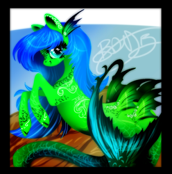 Size: 925x934 | Tagged: safe, artist:opalacorn, oc, oc only, hybrid, merpony, blue eyes, blue mane, bubble, eyelashes, female, fins, fish tail, flowing mane, flowing tail, ocean, signature, smiling, solo, swimming, tail, underwater, water