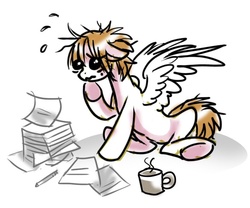 Size: 583x486 | Tagged: safe, artist:opalacorn, oc, oc only, oc:viral, pegasus, pony, frazzled, mug, paperwork, solo