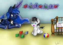 Size: 1510x1080 | Tagged: safe, artist:nyunimu, princess luna, oc, oc:fluffle puff, g4, duo, filly, rainbow