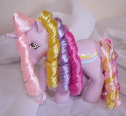 Size: 1108x1020 | Tagged: safe, artist:mayanbutterfly, streaky, g1, customized toy, irl, photo, rainbow curl pony, toy