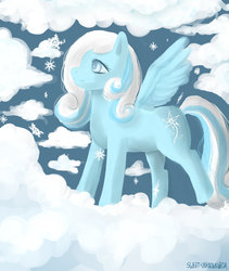 Size: 1280x1520 | Tagged: safe, artist:sweet-unknown, oc, oc only, oc:snowdrop, cloud, cloudy, snow, snowfall, snowflake, solo