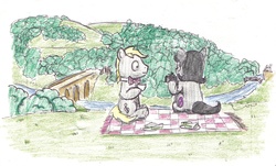 Size: 2453x1483 | Tagged: safe, artist:bobthedalek, oc, oc only, oc:mixed melody, oc:octavia's father, oc:octavia's mother, oc:ostinato melody, earth pony, pony, bridge, duo, female, male, parent, picnic, river, sandwich, scenery, tea, traditional art