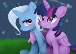 Size: 880x630 | Tagged: safe, artist:kaho, trixie, twilight sparkle, alicorn, pony, g4, blushing, female, hug, lesbian, mare, pixiv, ship:twixie, shipping, twilight sparkle (alicorn), winghug