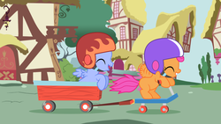 Size: 900x506 | Tagged: safe, artist:disfiguredstick, scootaloo, oc, oc:brace relay, g4, scooter, wagon