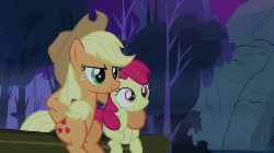 Size: 500x281 | Tagged: safe, edit, edited screencap, screencap, apple bloom, applejack, rainbow dash, earth pony, pegasus, pony, g4, sleepless in ponyville, animated, butt, butts, caption, female, filly, frown, gif, grin, hug, image macro, looking at butt, looking back, mare, night, open mouth, plot, reaction image, sitting, smiling, soon, surprised, talking, text, wide eyes