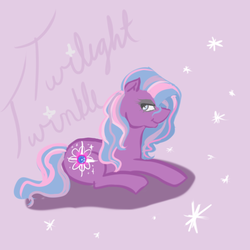 Size: 700x700 | Tagged: safe, artist:jadekandi, twilight twinkle, earth pony, pony, g3, 2013, female, lavender background, looking at you, lying down, mare, prone, simple background, solo, text