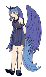 Size: 691x1157 | Tagged: safe, artist:nightwind-dragon, princess luna, human, g4, female, horn, horned humanization, humanized, simple background, solo, tailed humanization, winged humanization
