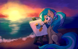 Size: 1404x882 | Tagged: safe, artist:bedupolker, oc, oc only, oc:painted dreams, beach, easel, mouth hold, ocean, paintbrush, painting, solo, sunset