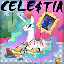 Size: 1024x1024 | Tagged: safe, artist:teammagix, princess celestia, princess luna, alicorn, pony, g4, cake, female, fishnet stockings, ke$ha, makeup, mare, parody, saddle