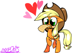 Size: 2044x1512 | Tagged: safe, artist:mushroomcookiebear, applejack, g4, female, heart, mouth hold, note, paper, raised hoof, simple background, solo