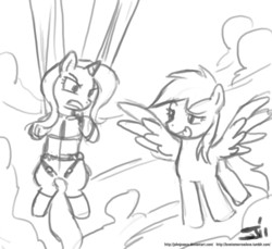 Size: 1280x1173 | Tagged: safe, artist:johnjoseco, rainbow dash, trixie, g4, flying, grayscale, monochrome, skydiving