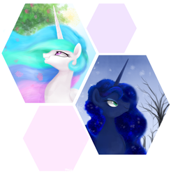 Size: 1280x1304 | Tagged: safe, artist:mn27, princess celestia, princess luna, alicorn, pony, g4, duo, female, flower, mare, snow, snowflake, tree, winter