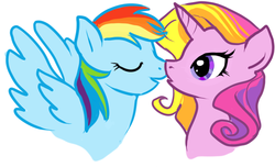 Size: 649x395 | Tagged: safe, artist:boarwhore, rainbow dash, rainbow flash (g4), pegasus, pony, unicorn, g4, duo, eyes closed, female, imminent kissing, kissing, lesbian, mare, rainbowrainbow, shipping, simple background, spread wings, white background, wings