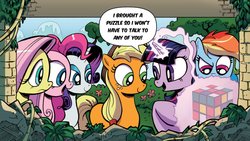 Size: 1444x814 | Tagged: safe, edit, idw, applejack, fluttershy, pinkie pie, rainbow dash, rarity, twilight sparkle, g4, comic book, mane six, rubik's cube