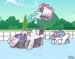 Size: 1003x797 | Tagged: safe, artist:bobthedalek, dj pon-3, octavia melody, vinyl scratch, earth pony, pony, unicorn, g4, bucket, clothes, drink, duo, eyes closed, female, floating, prank, swimming pool, swimsuit, this will end in pain, this will end in screams