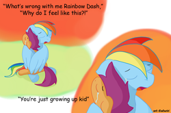 Size: 1000x660 | Tagged: safe, artist:caluriri, rainbow dash, scootaloo, g4, crying, dialogue, hug, text